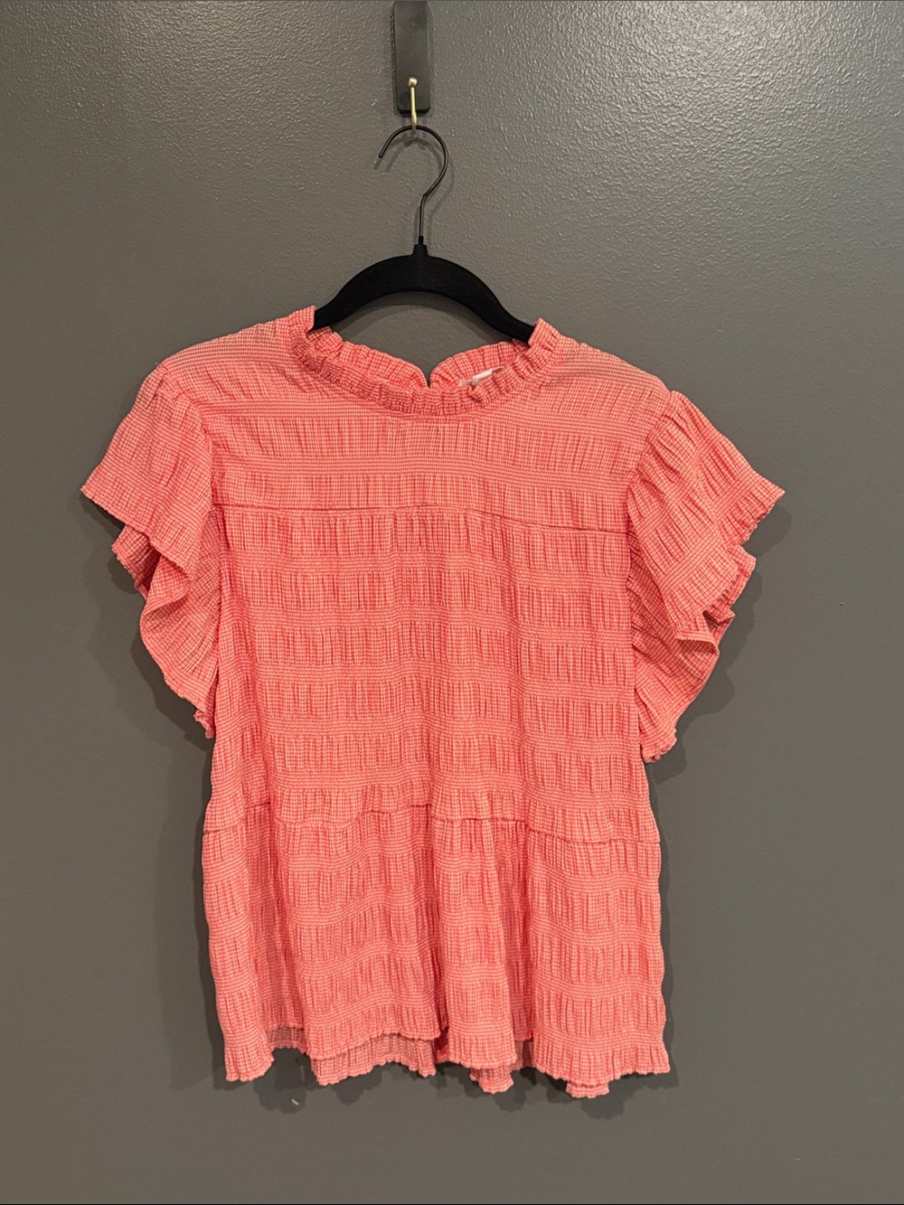 THML Red-White Stripe Ruffled Neck Flutter-Sleeve Peplum Top